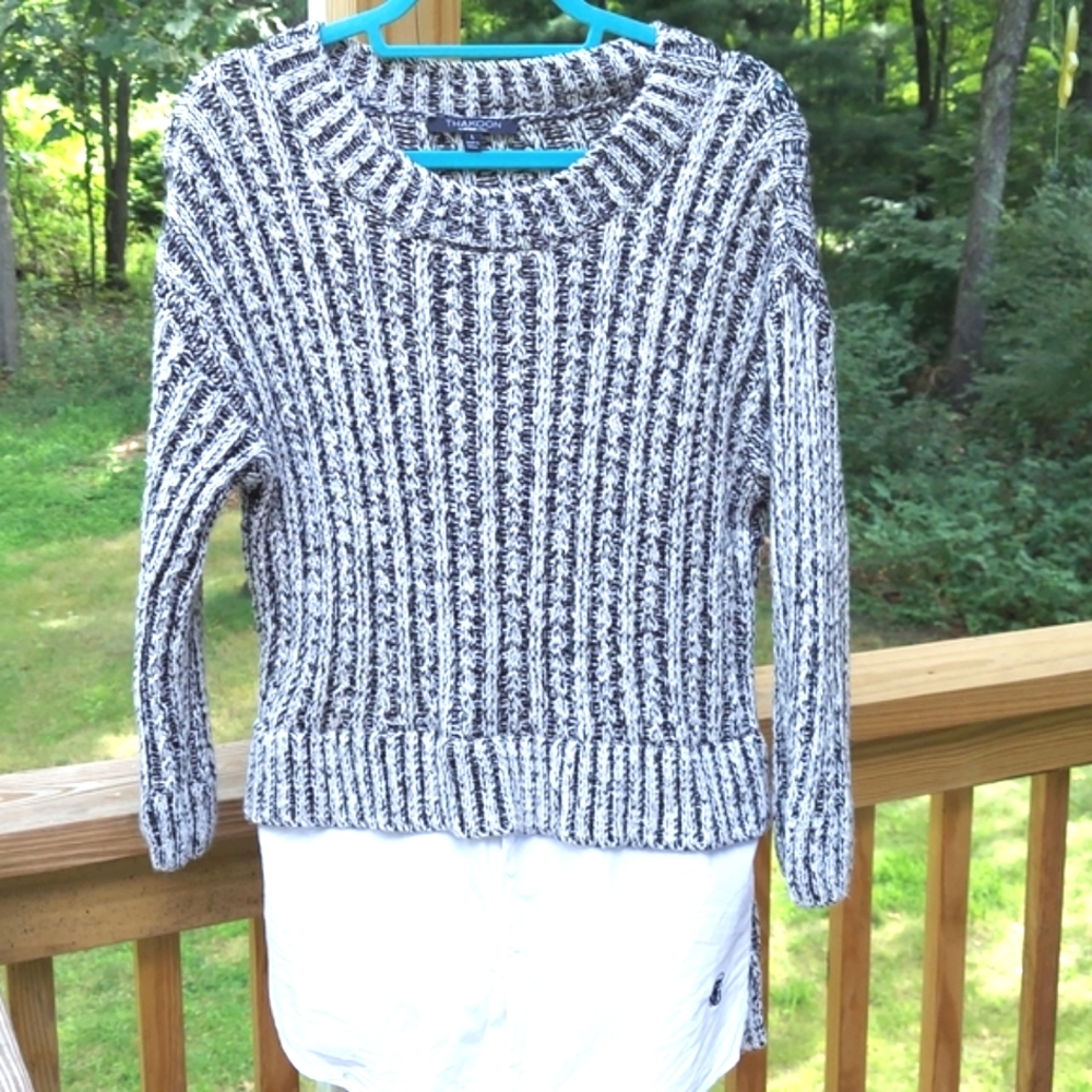 Thakoon 2fer Shirt tail cropped crew neck marled sweater Top Sz L